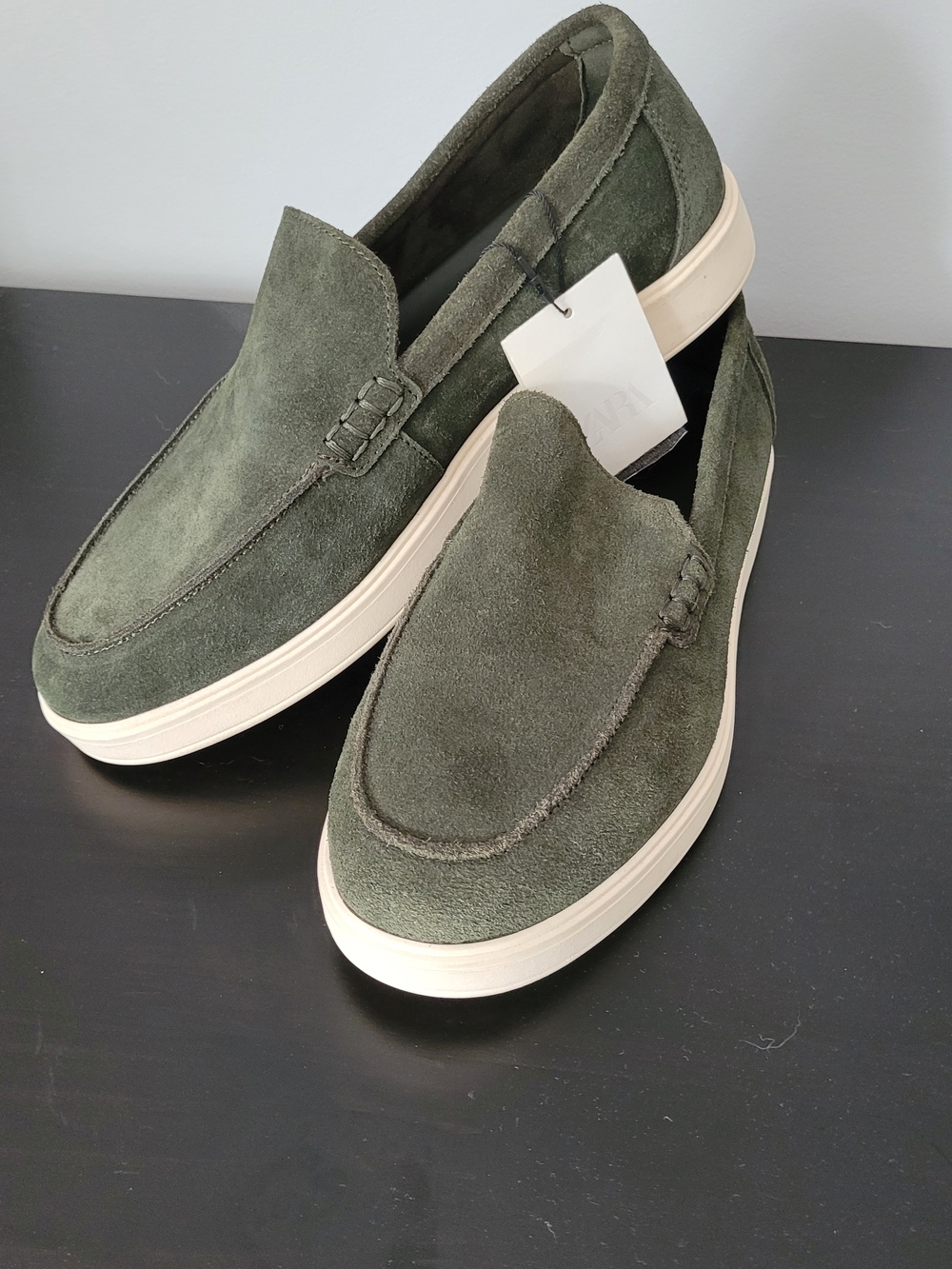NWT Zara Olive Suede Slip-On Loafers with Cream Soles